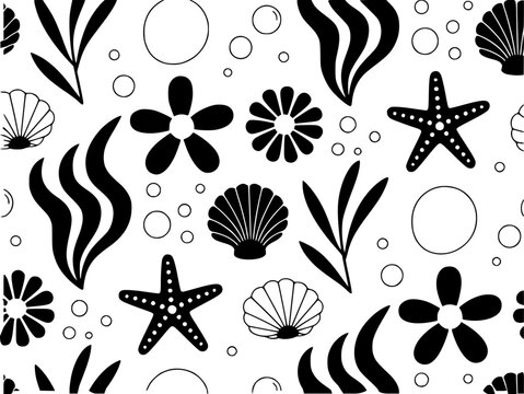 Black and white seamless pattern of ocean life and seaweed