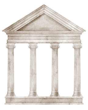 Ancient portico watercolor illustration with classical columns and triangular pediment isolated on background. Mediterranean architecture clipart for Italy, Greek, Roman and historical designs.