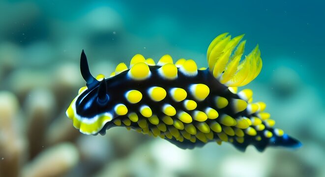 Vibrant yellow and black nudibranch sea slug swimming in clear blue ocean water with coral reef background