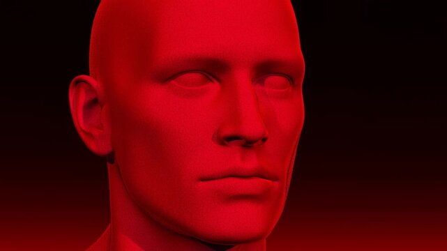 Frontfacing red human avatar remaining still against a dark background with subtle red illumination