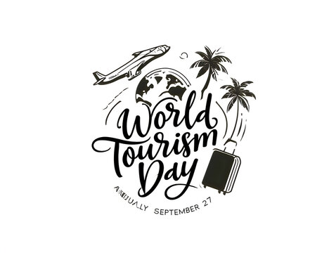 World tourism day hand drawn illustration with globe airplane and travel suitcase design