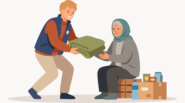Young male volunteer handing a folded blanket to a needy elderly woman sitting with donation boxes.