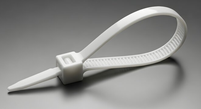 White Cable Tie Fastener Secured Against Dark Gray Studio Background With Soft Lighting