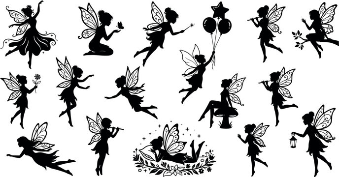 Magical Fairy Silhouette Silhouette Icon Set Featuring Tinkerbell Poses with Magic Wands, Balloons, Flutes, Lanterns, and Wings Isolated on White Background