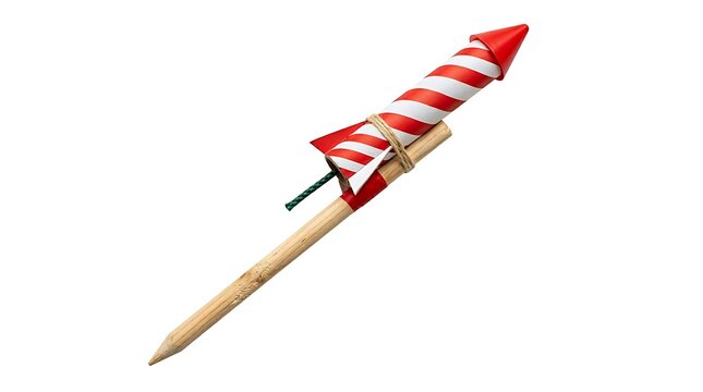 Red white striped firework rocket on wooden stick isolated