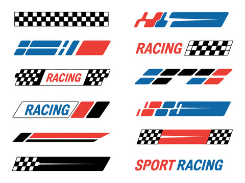 Collection of racing and sport decals with checkered flags and stripes