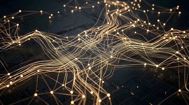 Glowing golden network lines connect bright circular nodes across a dark metallic surface creating abstract digital data flow visualization patterns