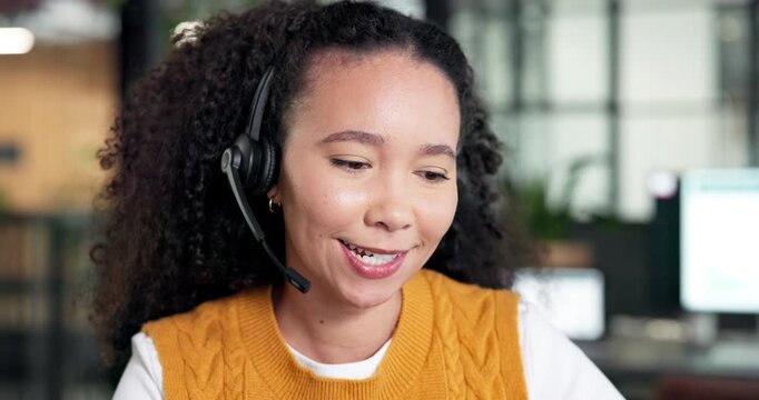Headset, smile and woman in call center for technical support, network assistance and hotline. Talking, customer service and happy consultant with mic in office, internet connection query and IT help