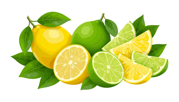 Fresh citrus fruit vector illustration with whole yellow lemon green lime cut half slices wedges and lush leaves