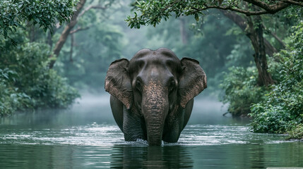 Fototapeta premium An elephant walking in the river , full shot , forest landscape is background , beautiful nature.