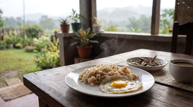 Traditional Filipino Breakfast of Fried Rice Egg and Dried Fish on a Rustic Porch with Garden View