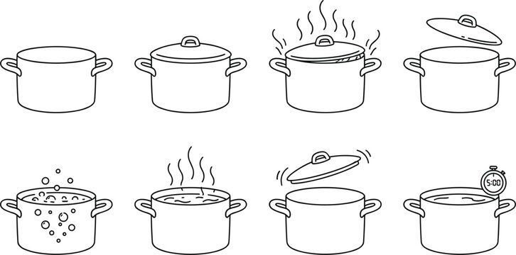 Kitchen cooking pots line icon set showing boiling water steam lids open and closed culinary steps