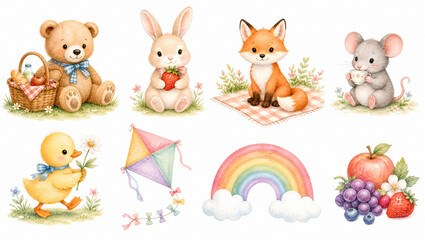 Naklejka premium Cute watercolor picnic animal clipart set. Summer bear fox rabbit duckling mouse with picnic basket blanket kite fruit rainbow isolated on white background. For birthday party card