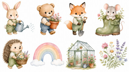 Naklejka premium Cute watercolor gardening animal clipart set. Spring bear fox rabbit hedgehog mouse with greenhouse watering can flowers rain boot isolated on white background. For garden decor card