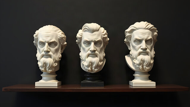 Three marble philosopher busts on dark shelf, wisdom and classical thought concept