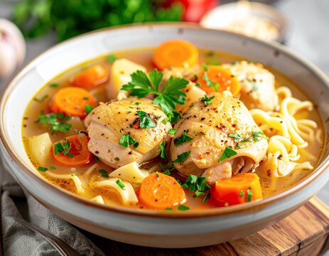 Chicken stew with noodles and vegetables, clear broth. AI