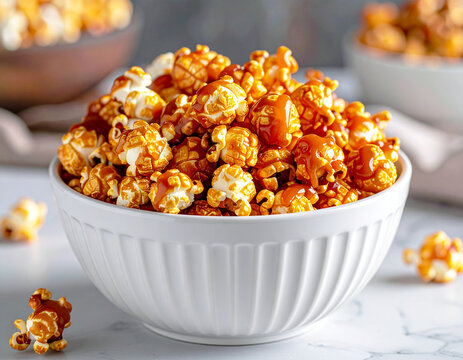 Caramel coated popcorn, white bowl. AI