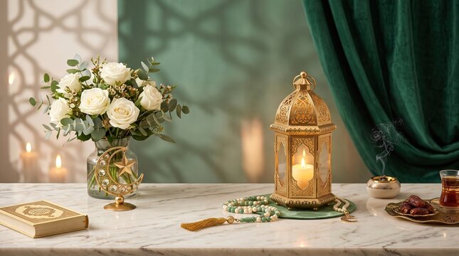 Elegant Ramadan table setup with glowing lantern quran book and white flowers on marble photo
