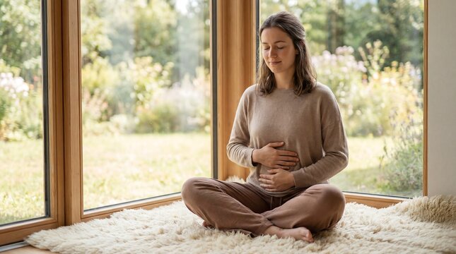 Serene young woman practicing mindfulness and deep breathing sitting on a rug by a large window