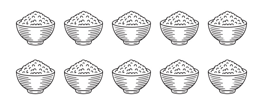 Set of ten monochrome bowl of rice vector icons isolated on white background for food menu and web designs.
