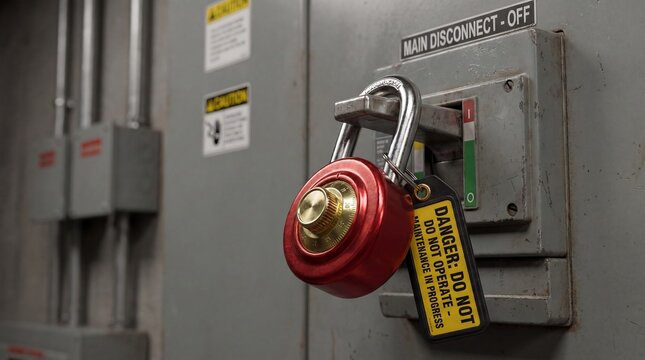 Close-up of a heavy-duty red combination padlock and danger tag on industrial electrical disconnect