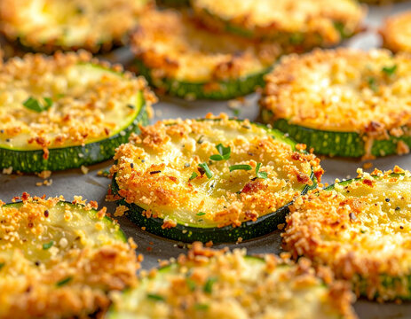 Zucchini breaded chips, sheet pan, closeup. AI