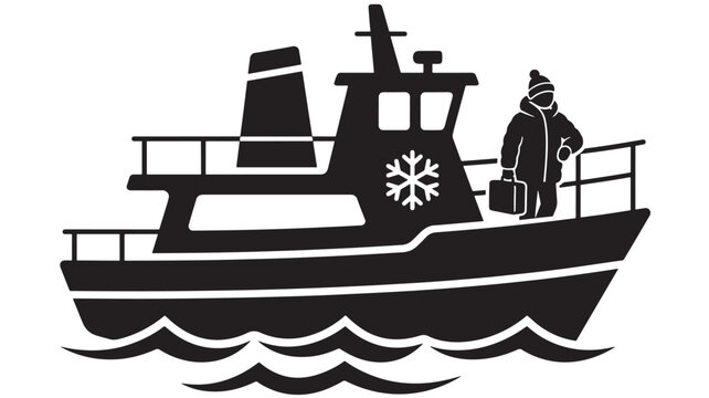 Fishing Boat Illustration with a Bundled-Up Figure. Nautical Vector Design for Transportation and Maritime Themes.