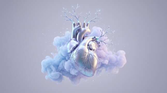 Shimmering metallic heart floats on pastel clouds with glowing blue veins