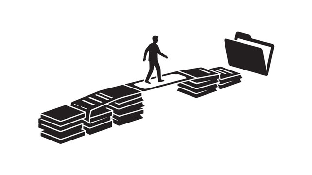 File Stack Illustration. Conceptual Design Showing a Person Walking on a Large Pile of Documents, Symbolizing Data Management.