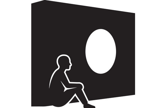 Silhouette of a Person Contemplating a Circular Opening in a Dark, Geometric Structure Featuring Contemplation, Circle