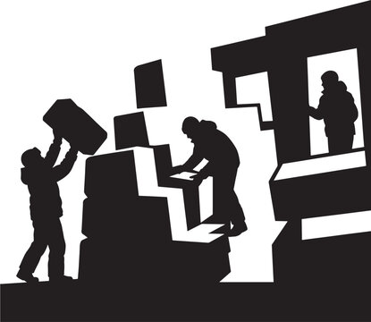 Construction Workers Building a House, Demonstrating Teamwork and Progress in a Dynamic, Silhouetted Design. with Labor