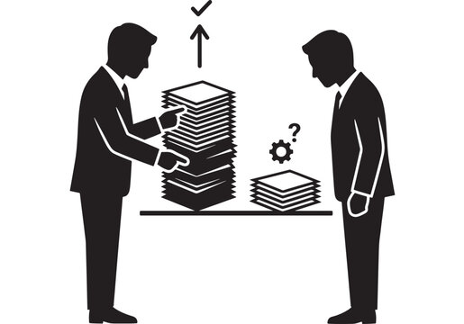 Businessmen Comparing Stacks of Paperwork, Illustrating a Process of Evaluation and Decision-Making. with Comparison