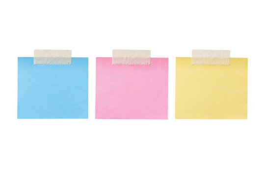 Sticky notes set with masking tape isolated PNG, blank blue pink and yellow memo sheets on transparent background, reminder paper mockup