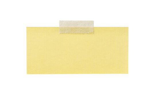Rectangular yellow sticky note with masking tape isolated PNG, horizontal blank memo paper banner on transparent background, message note mockup