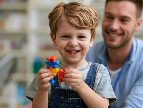 Smiling boy connecting puzzle pieces with father, symbolizing autism awareness, early intervention support, family bonding, developmental progress, and inclusion.
