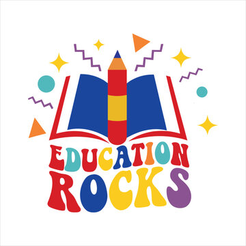 Education rocks colorful retro typography design with book and pencil, education