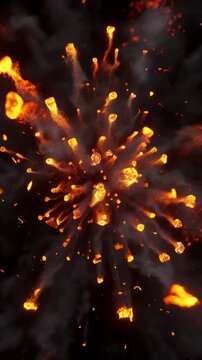 Fiery explosion bursts outward with glowing embers and flickering fire sparks rising through thick smoke clouds. Glowing light adds depth and energy to the animated scene.