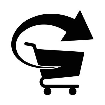 Online shopping return icon with shopping cart and arrow silhouette illustration.