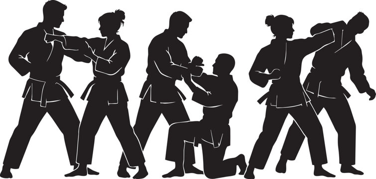 Martial arts silhouette vector set, karate and judo fighters in combat poses, black belt athletes practicing self defense