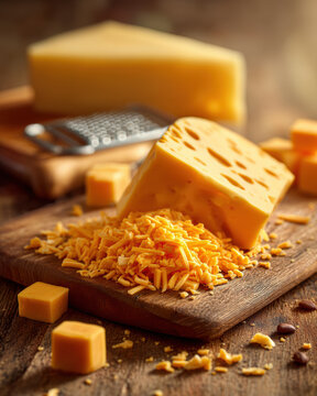 A block of Swiss cheese with holes, shredded cheese, and cubes on a wooden board with a grater in the background.