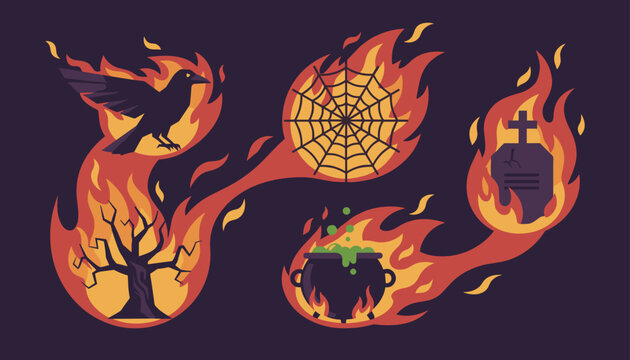 Spooky Halloween elements including a crow, web, tree, cauldron, and tombstone are engulfed in bright flames.