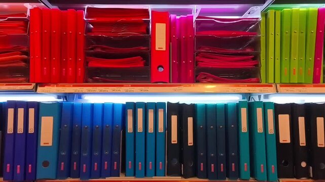 Colorful notebooks and binders displayed in a store