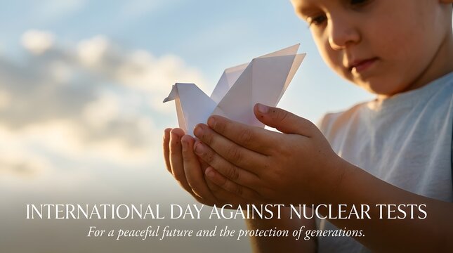 Child holding paper origami dove for international day against nuclear tests