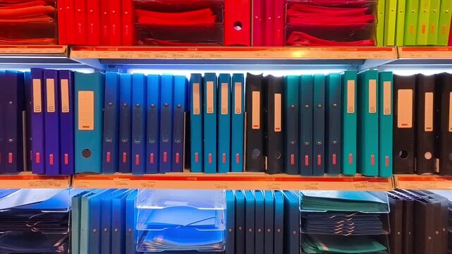 Colorful notebooks and folders on store shelves