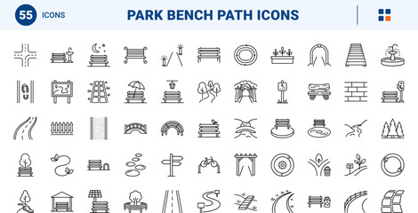 Naklejka premium Park Bench Path line icon set. Vector pictograms of walkway, seating, landscape, and trail elements, thin linear illustration.