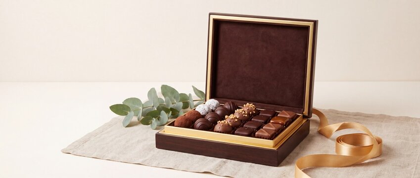 Elegant assortment of assorted chocolates in a luxurious gift box with eucalyptus leaves with set neutral fabric surface variety chocolates accompanied