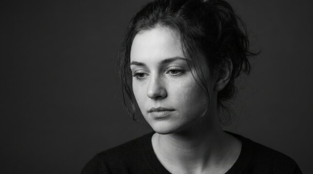Mysterious young woman with dark hair and intense gaze
