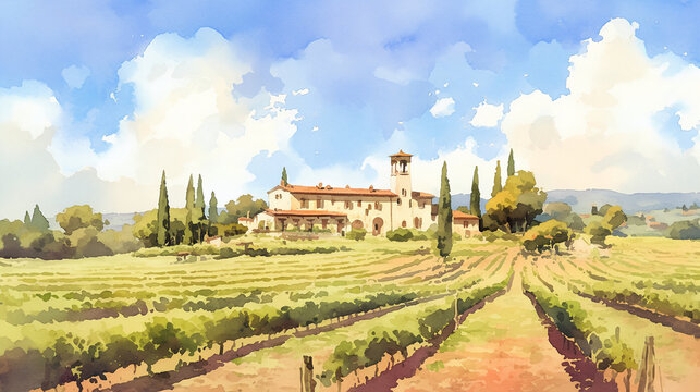 Watercolor tuscan landscape with vineyards and rolling hills. Italian rural scenery with farmhouses and cypress trees. Autumn harvest season