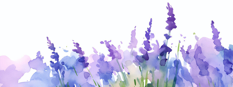 Watercolor illustration of purple lavender flowers against a white backdrop. Botanical elements with clear area for design