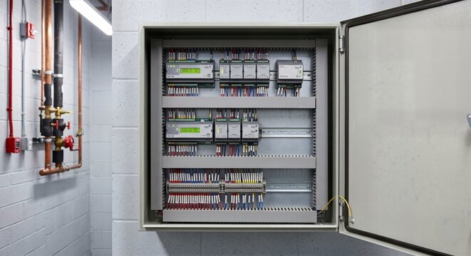 Electrical control panel mounted on a block wall containing PLC modules and organized wiring for building automation